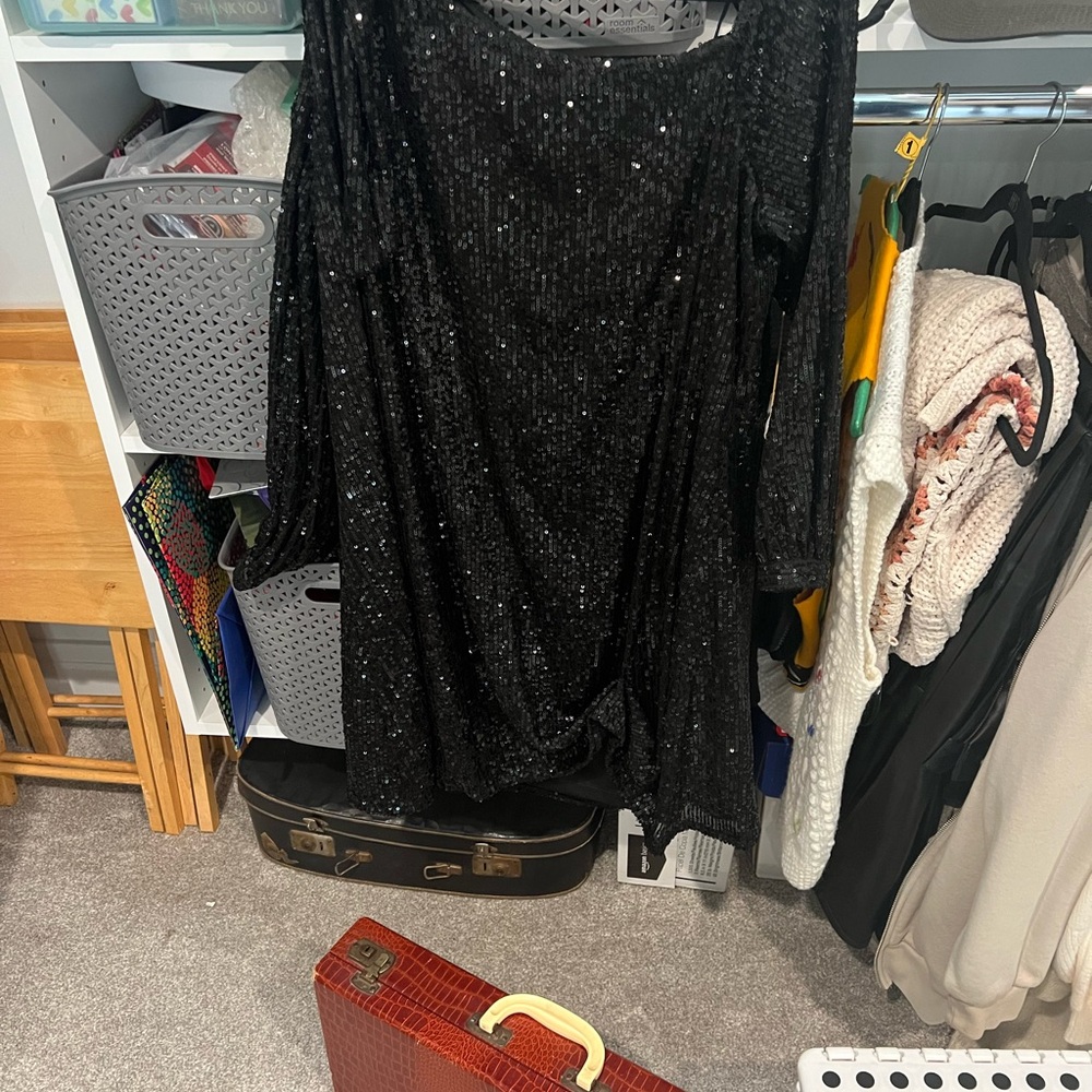 CeCe Black and Silver Sequin Bell Sleeve Dress